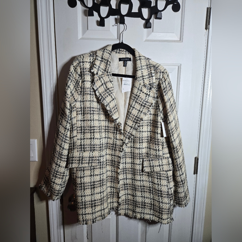 NWT Ellen Tracy Black and Cream Plaid Blazer